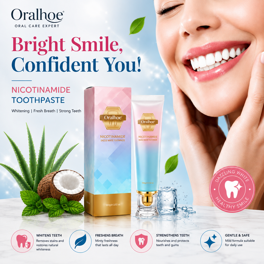 Oralhoe – Nicotinamide Dazzle White Toothpaste for Teeth Whitening (Free Shipping)